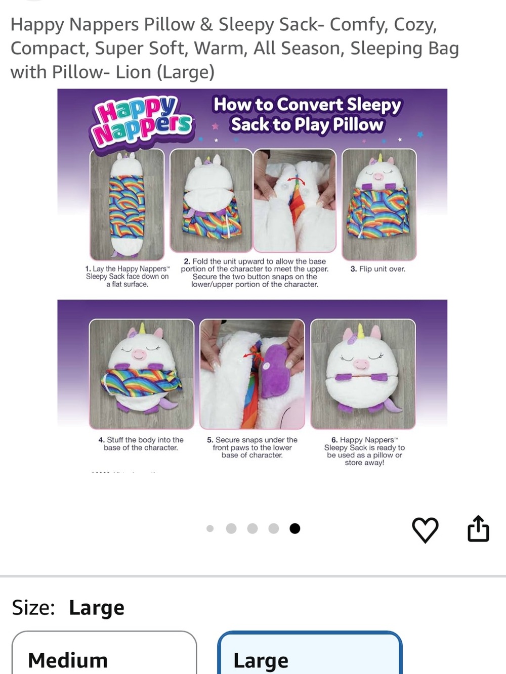 NEW Happy Nappers Pillow & Sleepy Sack Plush Kids Sleeping Bag w Pillow - Lion L - Picture 6 of 7